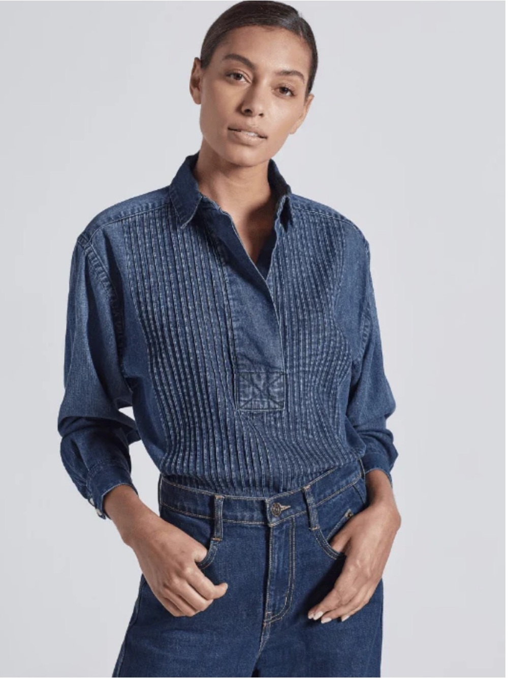 Current Elliot Patty Pleated Denim Long Sleeve Shirt Size 2 Western Boho Indie